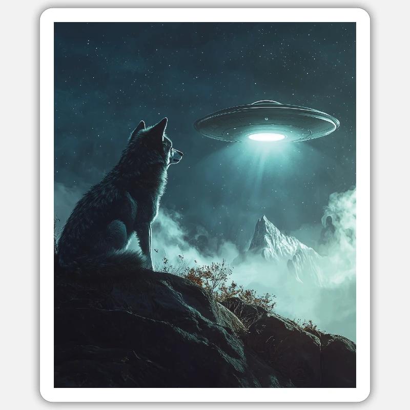 Wolf Selfie mit UFO - Sticker Größe S (10 x 10 cm) - Mattweiß