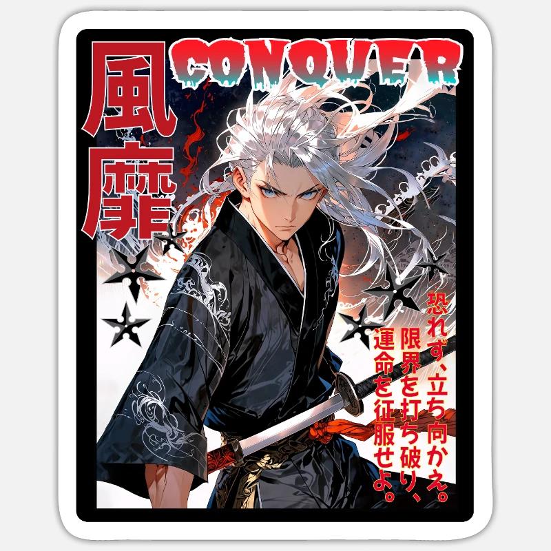 Kämpferischer Samurai mit Windmuster - Sticker Größe S (10 x 10 cm) - Mattweiß