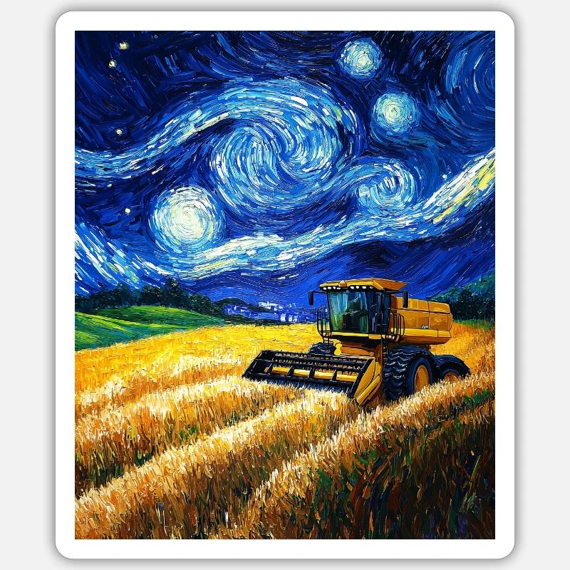 moissonneuse-batteuse fermier style van gogh étoilé - Sticker taille S (10 x 10 cm) - blanc mat