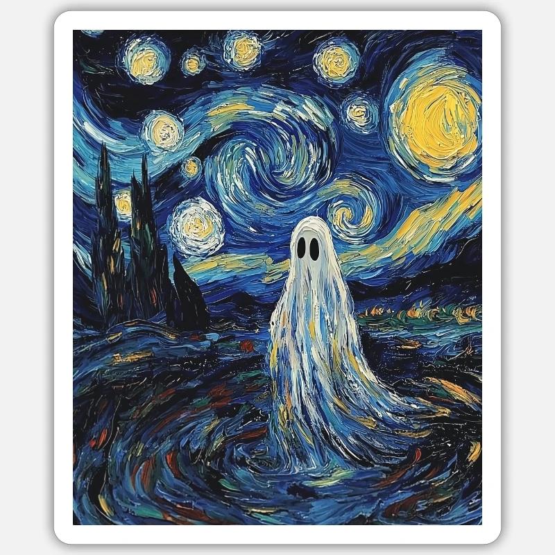 Fantôme Van Gogh Style Nuit étoilée - Sticker taille S (10 x 10 cm) - blanc mat