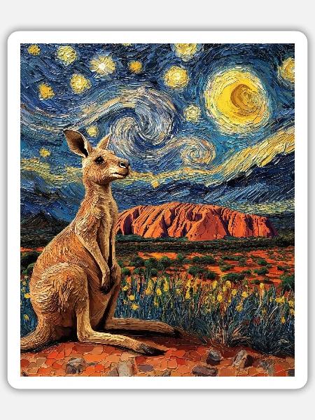 Kängeru Australien Van Gogh Style Starry Night - Sticker Größe S (10 x 10 cm) - Mattweiß