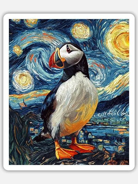 Papageientaucher Vogel Van Gogh Style Starry Night - Sticker Größe S (10 x 10 cm) - Mattweiß