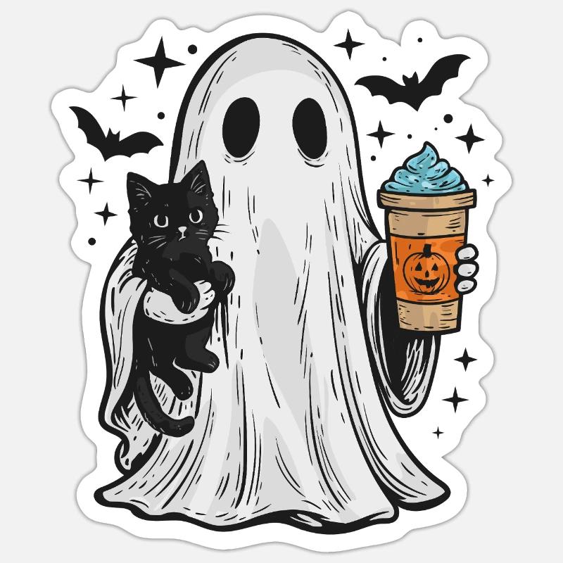 Halloween Ghost with Cat and Coffee - Sticker size S (10 x 10 cm) - white matte