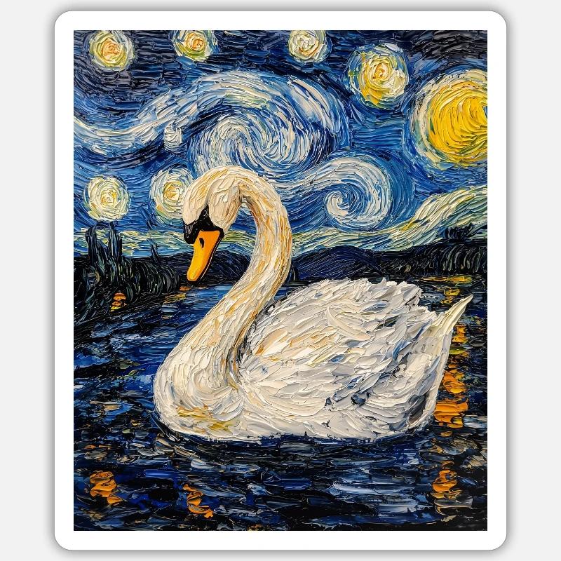 Cygne Oiseau Style Van Gogh - Sticker taille S (10 x 10 cm) - blanc mat