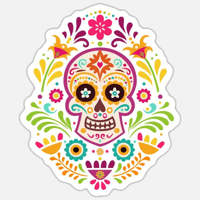Tête de mort mexicaine, sugar skull dia de Muertos - Sticker taille S (10 x 10 cm) - blanc mat