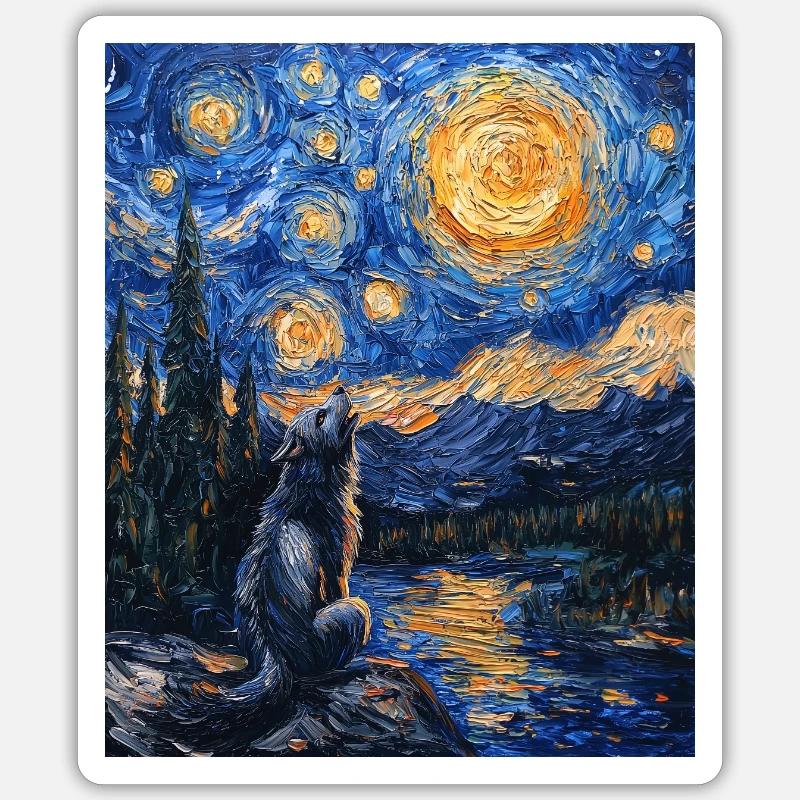 Wolf Van Gogh Style - Sticker Größe S (10 x 10 cm) - Mattweiß