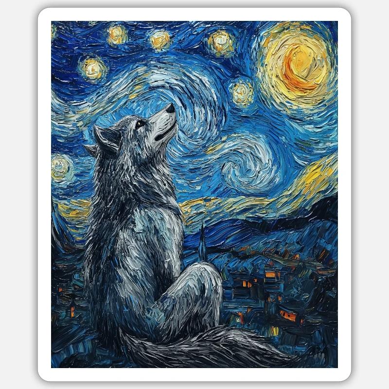 Wolf Van Gogh Style - Sticker taille S (10 x 10 cm) - blanc mat