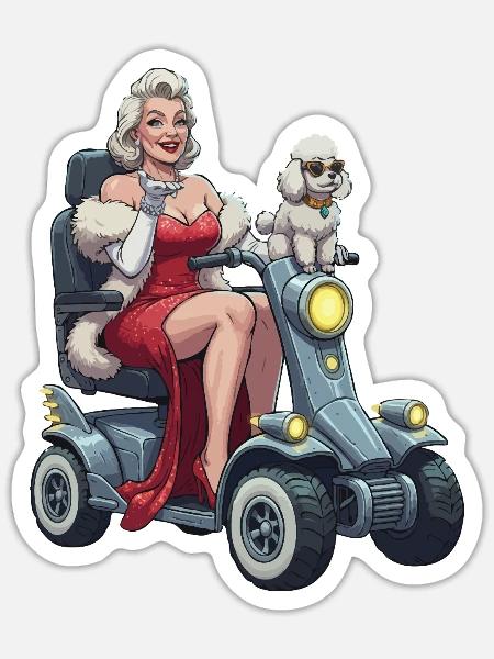 Pinup-Diva auf Mobilitätsroller und Hund - Sticker Größe S (10 x 10 cm) - Mattweiß