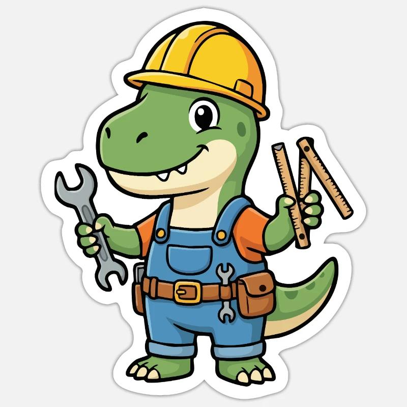 Ouvrier du bâtiment Dino avec des outils - Sticker taille S (10 x 10 cm) - blanc mat