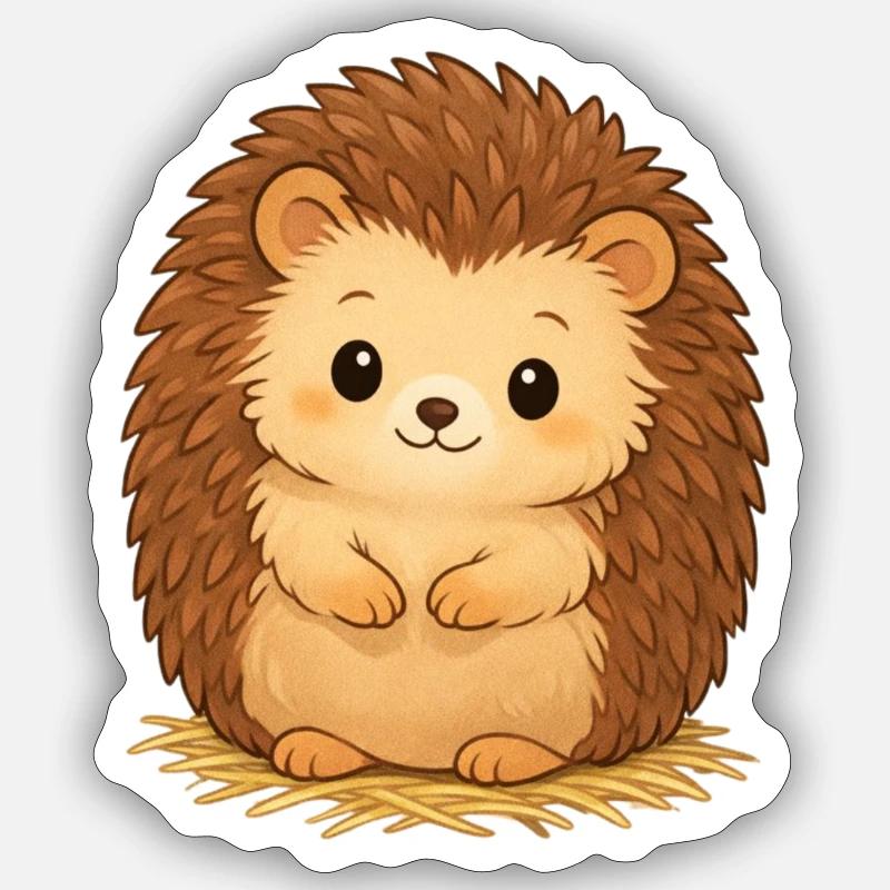Hérisson câlin sur foin - Sticker taille S (10 x 10 cm) - blanc mat