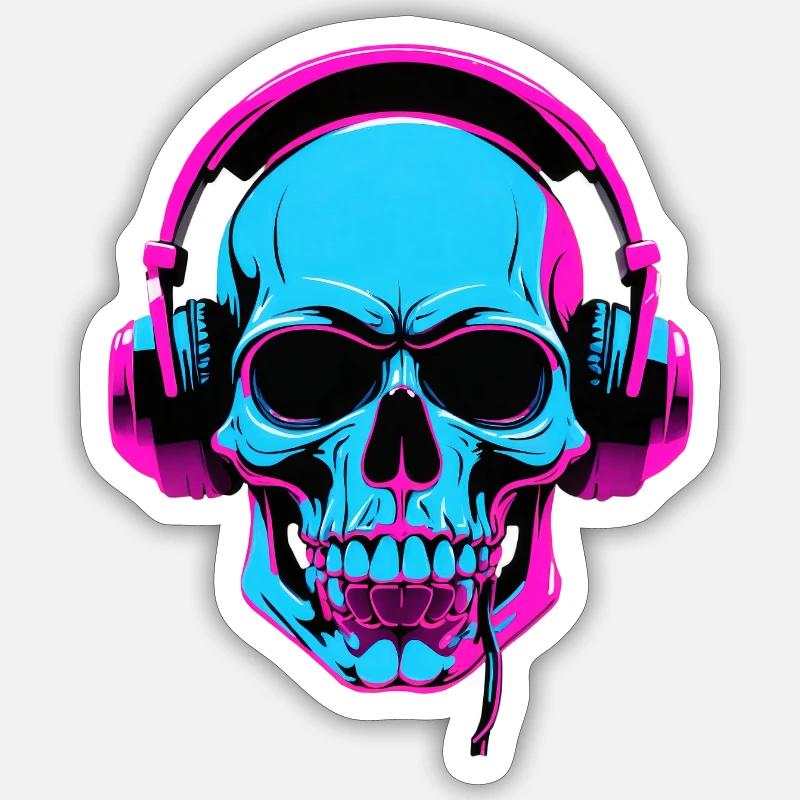 Crâne néon avec casque - Sticker taille S (10 x 10 cm) - blanc mat