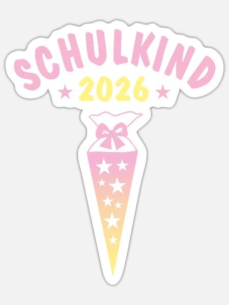 Schulkind 2026 Schultüte Sterne - gelb rosa - Sticker Größe S (10 x 10 cm) - Mattweiß