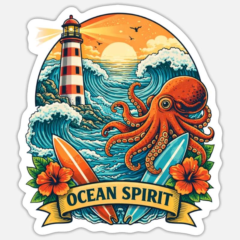 Ocean: Lighthouse, Waves and Octopus - Sticker size S (10 x 10 cm) - white matte