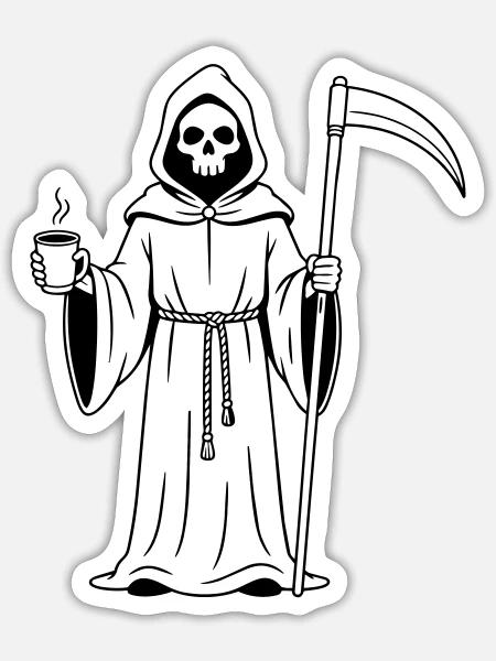 Sensenmann mit einer Tasse Kaffee - Sticker Größe S (10 x 10 cm) - Mattweiß