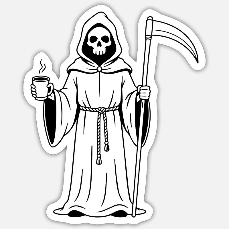 Faucheuse avec une tasse de café - Sticker taille S (10 x 10 cm) - blanc mat