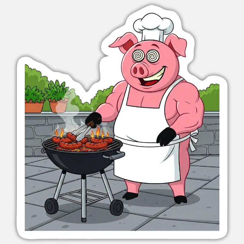 Grillendes gemütliches Schwein - Sticker Größe S (10 x 10 cm) - Mattweiß
