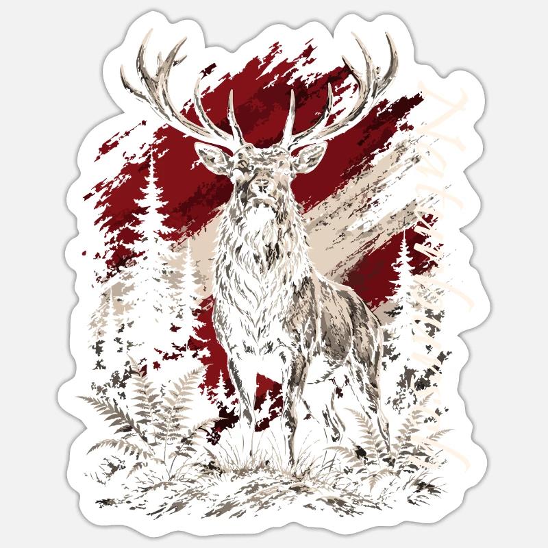 Hirsch im Wald – Rustikal Illustration - Sticker Größe S (10 x 10 cm) - Mattweiß