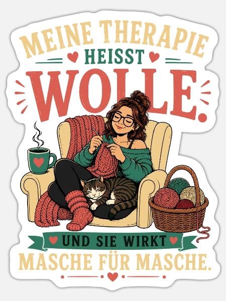 Meine Therapie heißt Wolle – Stricken & Häkeln - Sticker Größe S (10 x 10 cm) - Mattweiß