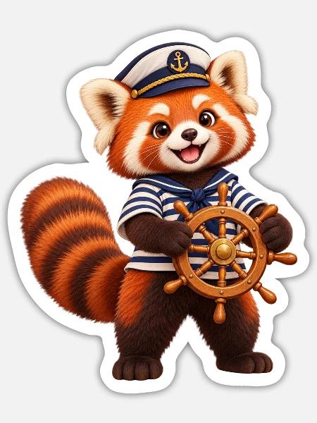 Sailor Red Panda mit Schiffsrad - Sticker Größe S (10 x 10 cm) - Mattweiß