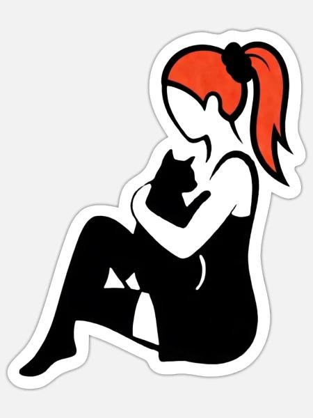 donna_con_coda_di_cavallo_capelli_rossi_con_gat - Sticker Größe S (10 x 10 cm) - Mattweiß
