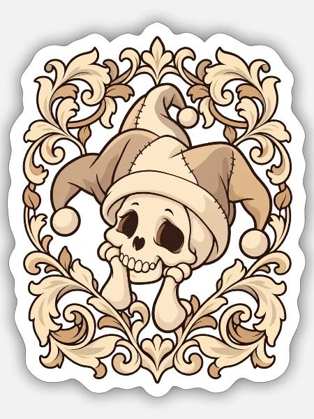Niedlicher Totenkopf mit Narrenmütze - Sticker Größe S (10 x 10 cm) - Mattweiß