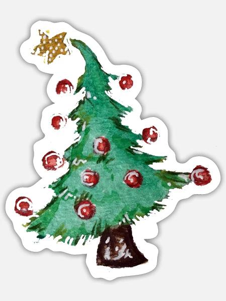 Aquarell-Weihnachtsbaum mit roten Ornamenten - Sticker Größe S (10 x 10 cm) - Mattweiß
