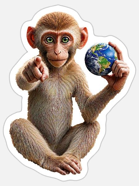 Affe-mit-Erdkugel - Sticker Größe S (10 x 10 cm) - Mattweiß
