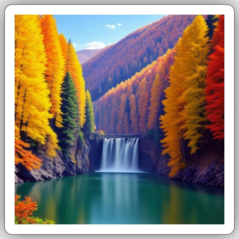 Wasserfall Herbst Goldener Wald - Sticker Größe S (10 x 10 cm) - Mattweiß