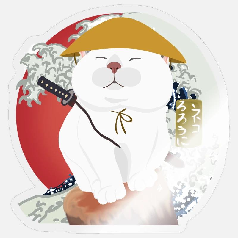 Chat samouraï assis sur le bois - Sticker taille S (10 x 10 cm) - brillant transparent