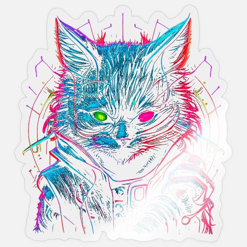 Neon Punk Hacker Cat - Sticker size S (10 x 10 cm) - transparent glossy