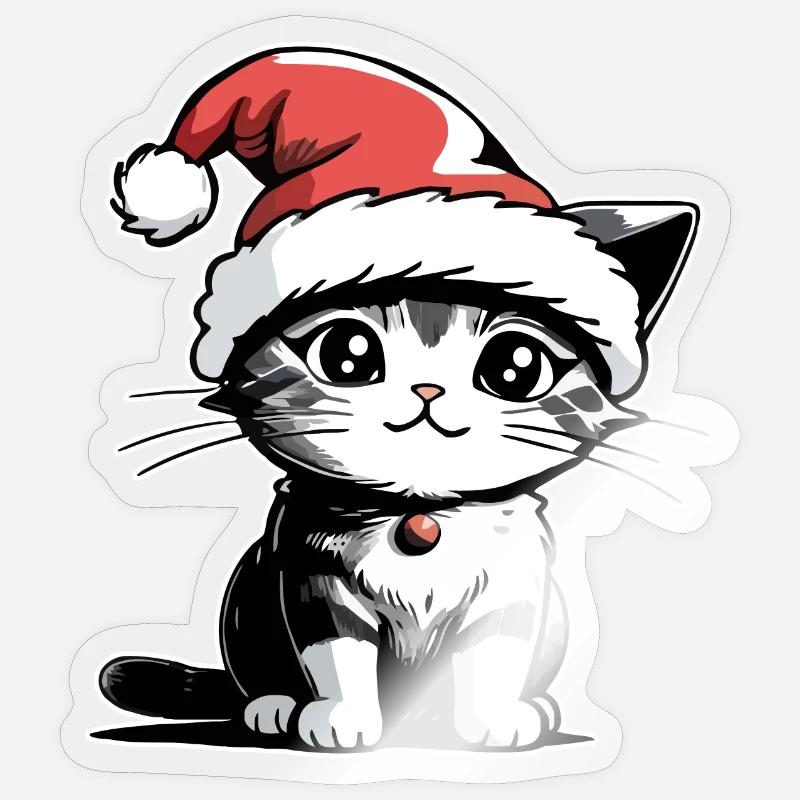 Chat Noël - Sticker taille S (10 x 10 cm) - brillant transparent