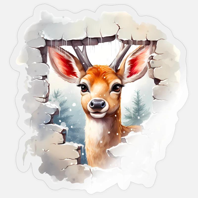 Cerf d’hiver dans le trou dans le mur - Sticker taille S (10 x 10 cm) - brillant transparent