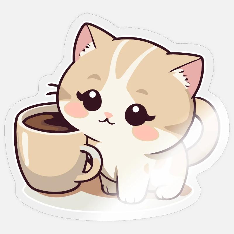 Chat au café - Sticker taille S (10 x 10 cm) - brillant transparent