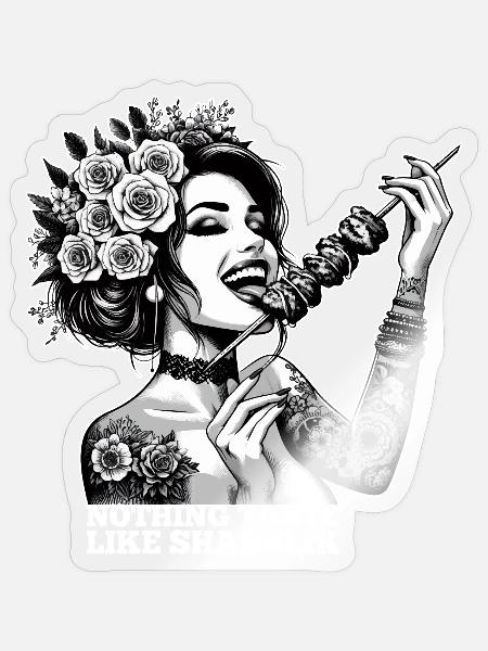 Schaschlik lecker Frau Tattoo Geschenk - Sticker Größe S (10 x 10 cm) - Transparent glänzend