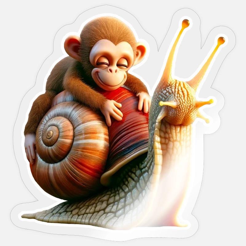 Singe sur l’escargot : amitié joueuse - Sticker taille S (10 x 10 cm) - brillant transparent