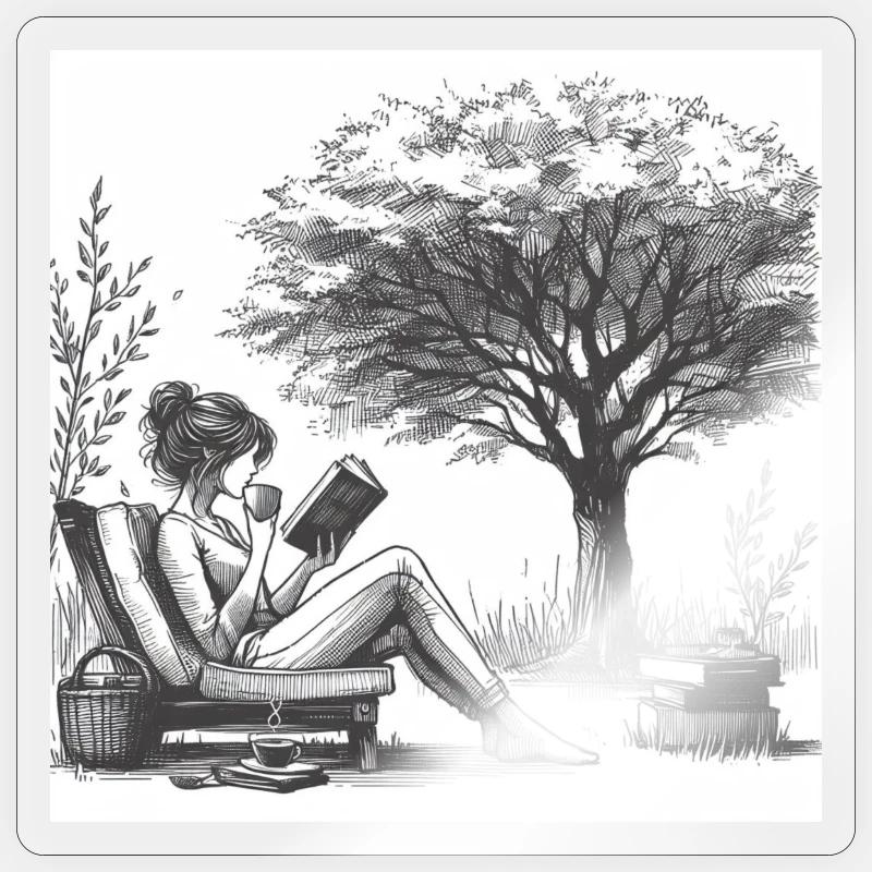 Frau trinkt Kaffee und liest ein Buch - Sticker Größe S (10 x 10 cm) - Transparent glänzend