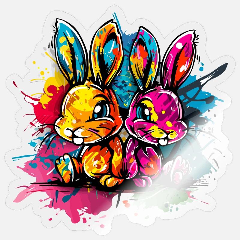 Deux lapins dans un style graffiti coloré - Sticker taille S (10 x 10 cm) - brillant transparent