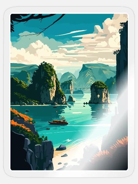 Ha Long Bay Vietnam Inseln Reiseposter Souvenir - Sticker Größe S (10 x 10 cm) - Transparent glänzend