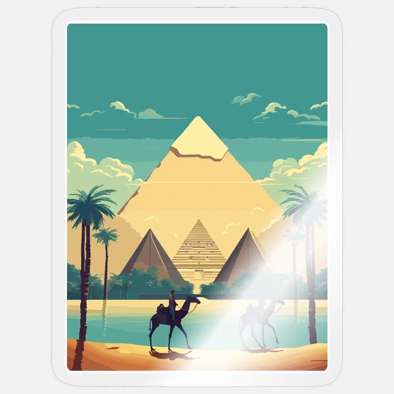 Le Caire, Égypte, Grandes Pyramides De Gizeh, Affiche De Voyage - Sticker taille S (10 x 10 cm) - brillant transparent