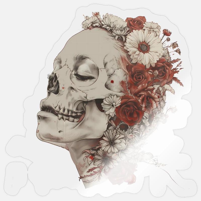 Crâne fleuri - Sticker taille S (10 x 10 cm) - brillant transparent