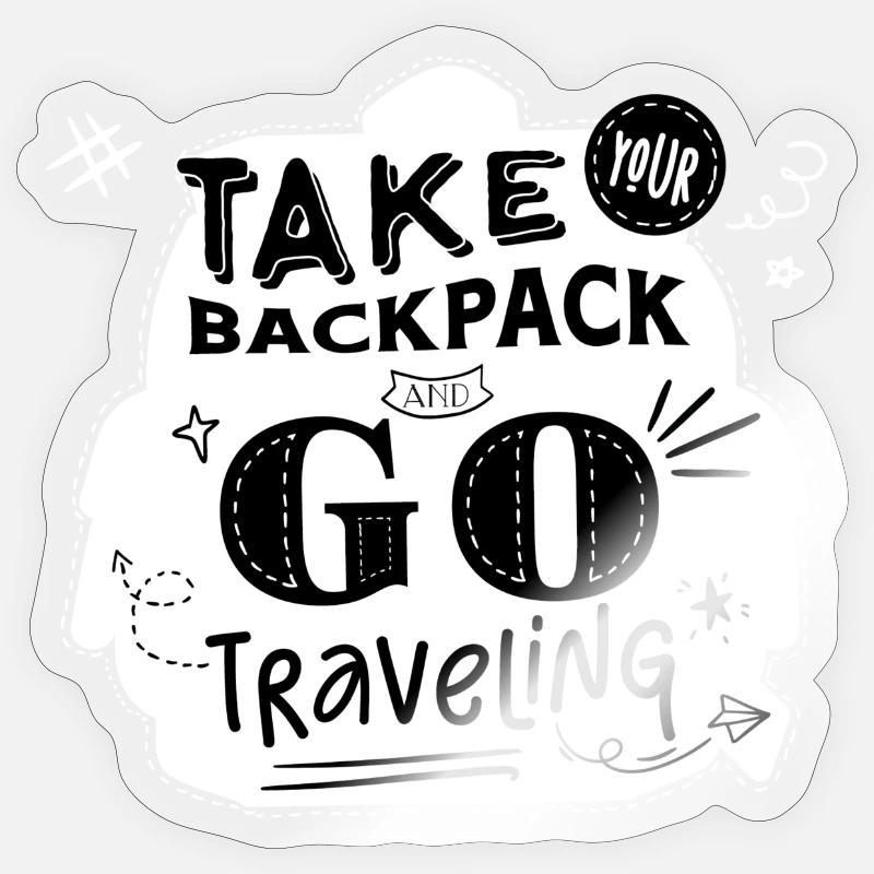 "Take your backpack and go traveling" blanc - Sticker taille S (10 x 10 cm) - brillant transparent