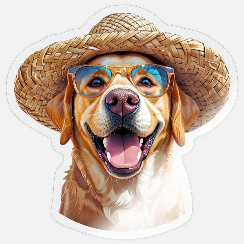 Labrador mit Strohhut & Sonnenbrille - Sticker Größe S (10 x 10 cm) - Transparent glänzend
