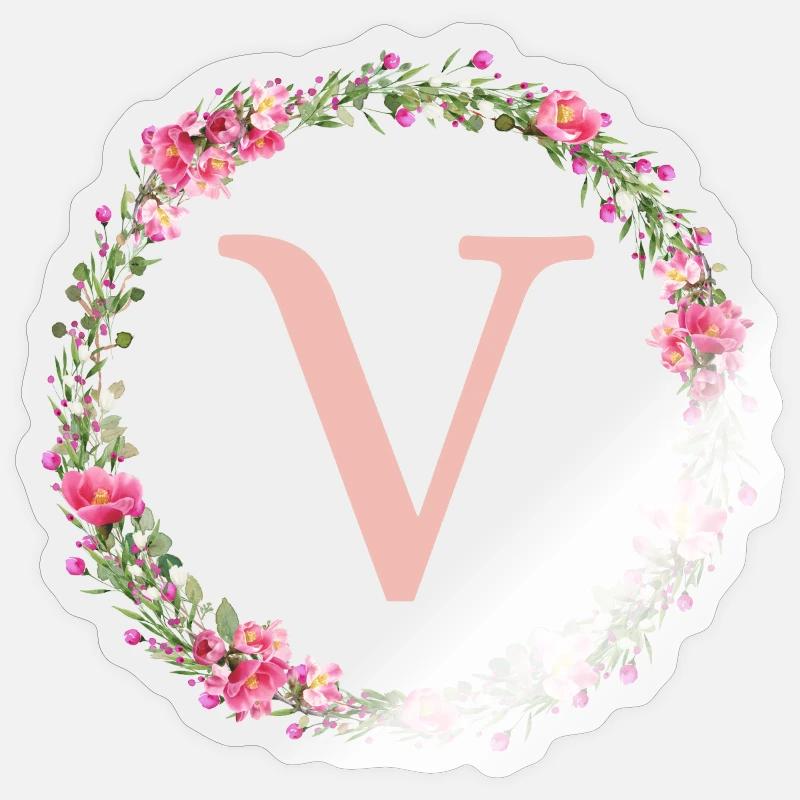 V Monogram, Flower Wreath, Personalizable - Sticker size S (10 x 10 cm) - transparent glossy