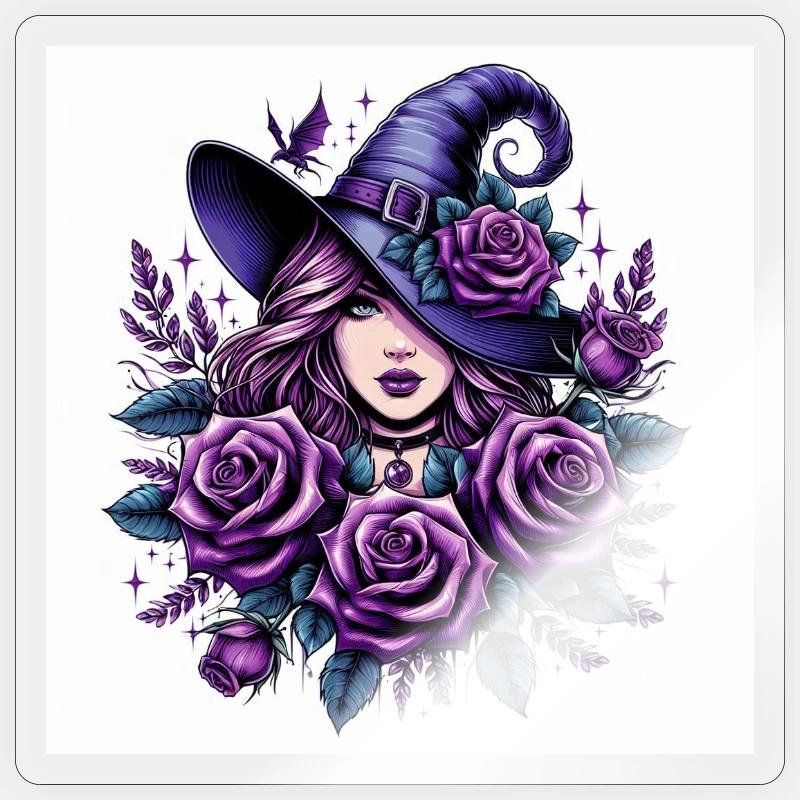 Witch with violet roses - Sticker size S (10 x 10 cm) - transparent glossy