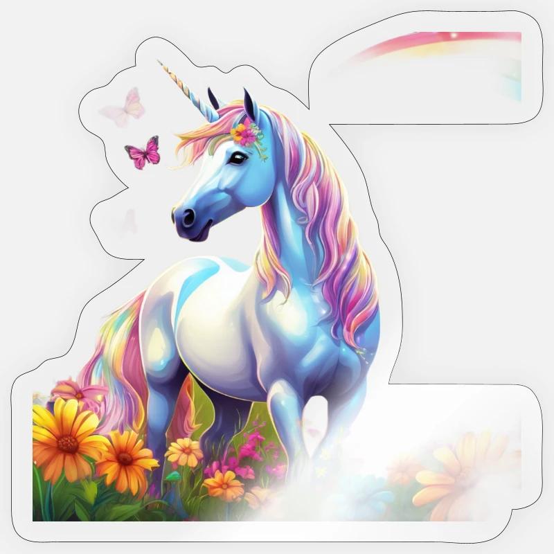 Licorne céleste dans le champ des fleurs avec Schmetterlin - Sticker taille S (10 x 10 cm) - brillant transparent