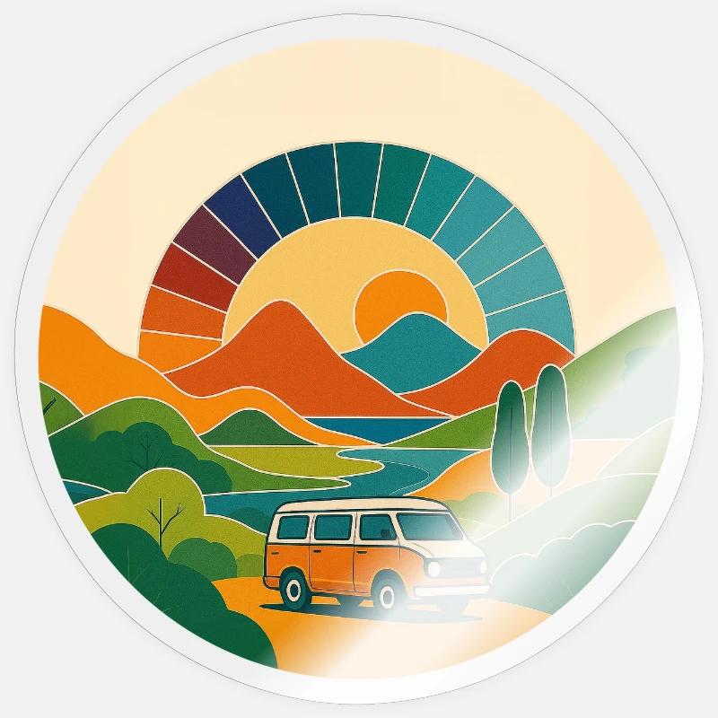 Retro Landschaft mit Van – Reise im Sonnenbogen - Sticker Größe S (10 x 10 cm) - Transparent glänzend