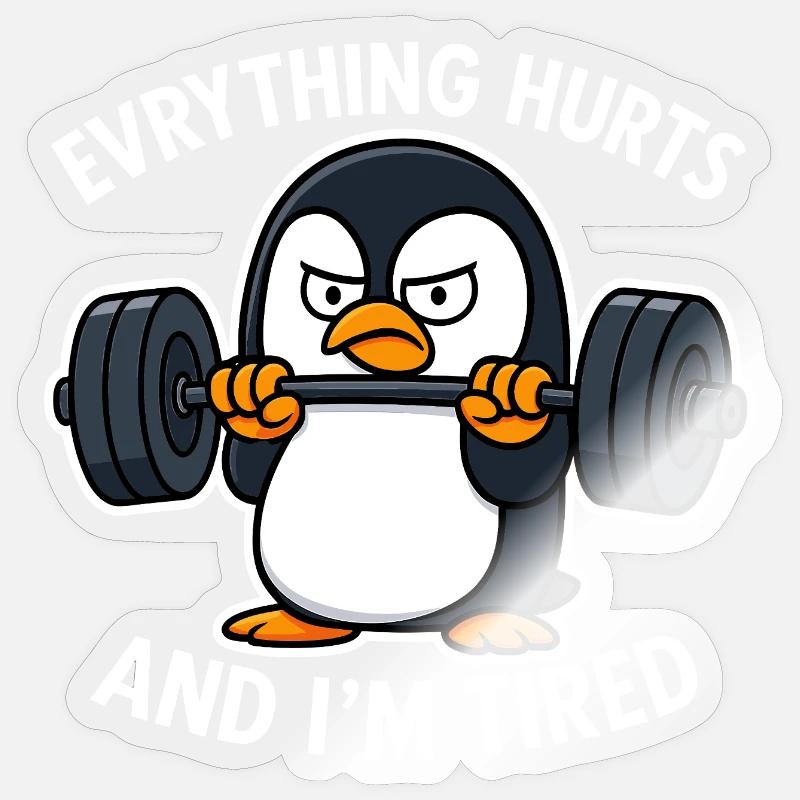 Grumpy Penguin Lifting Weights Sticker taille S (10 x 10 cm)