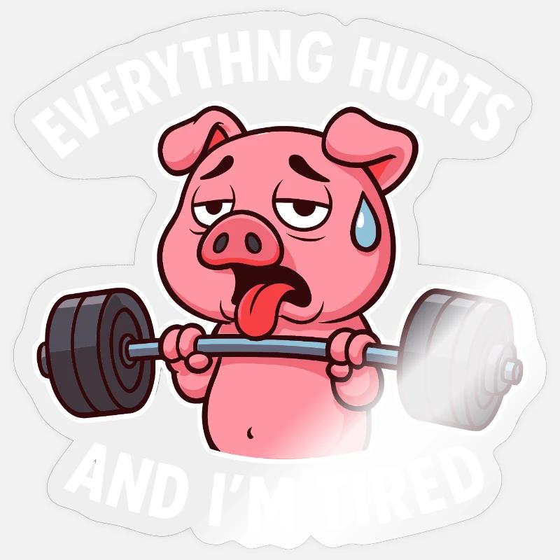 Exhausted Pig Lifting Weights Design - Sticker size S (10 x 10 cm) - transparent glossy