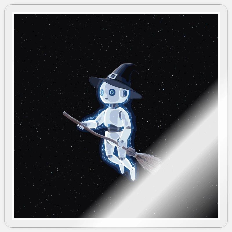 Robot witch in space - Sticker size S (10 x 10 cm) - transparent glossy