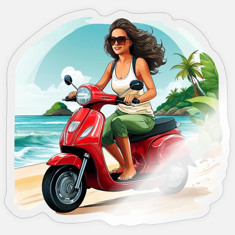 Frau mit rotem Roller am Strand - Sticker Größe S (10 x 10 cm) - Transparent glänzend